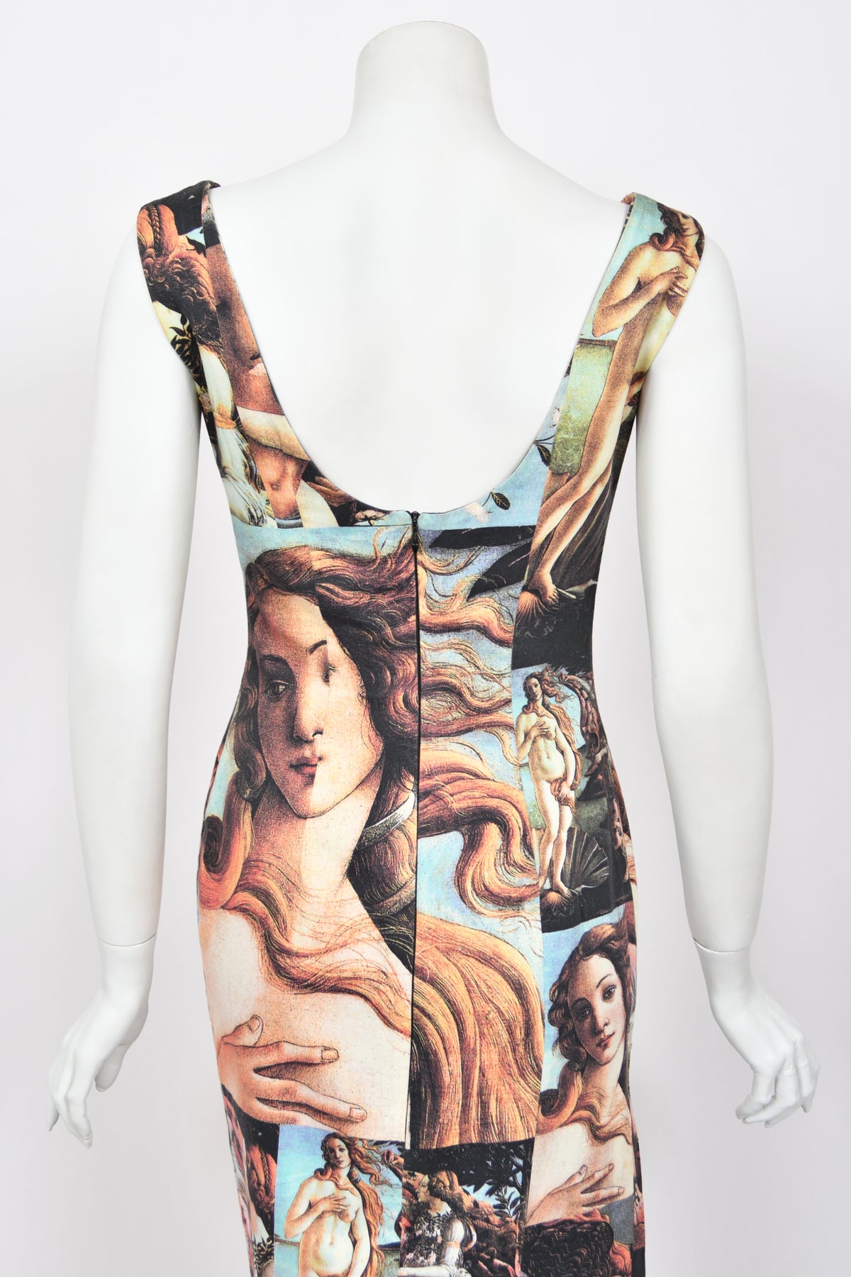 1993 Dolce &amp; Gabbana Iconic Runway &#39;Birth of Venus&#39; Collage Print High-Slit Hourglass Dress