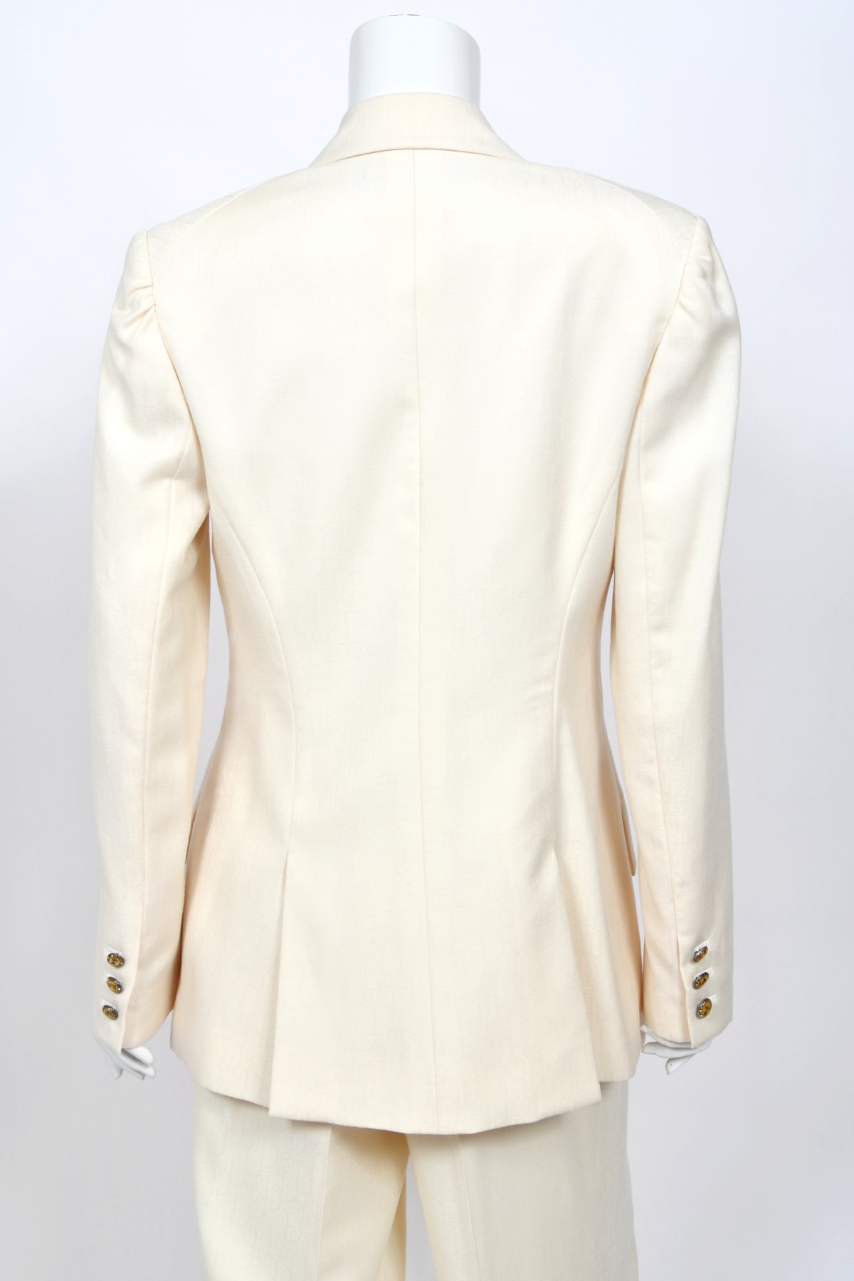 1999 Christian Dior by John Galliano Ivory Logo-Print Silk Enamel Buttons Pantsuit