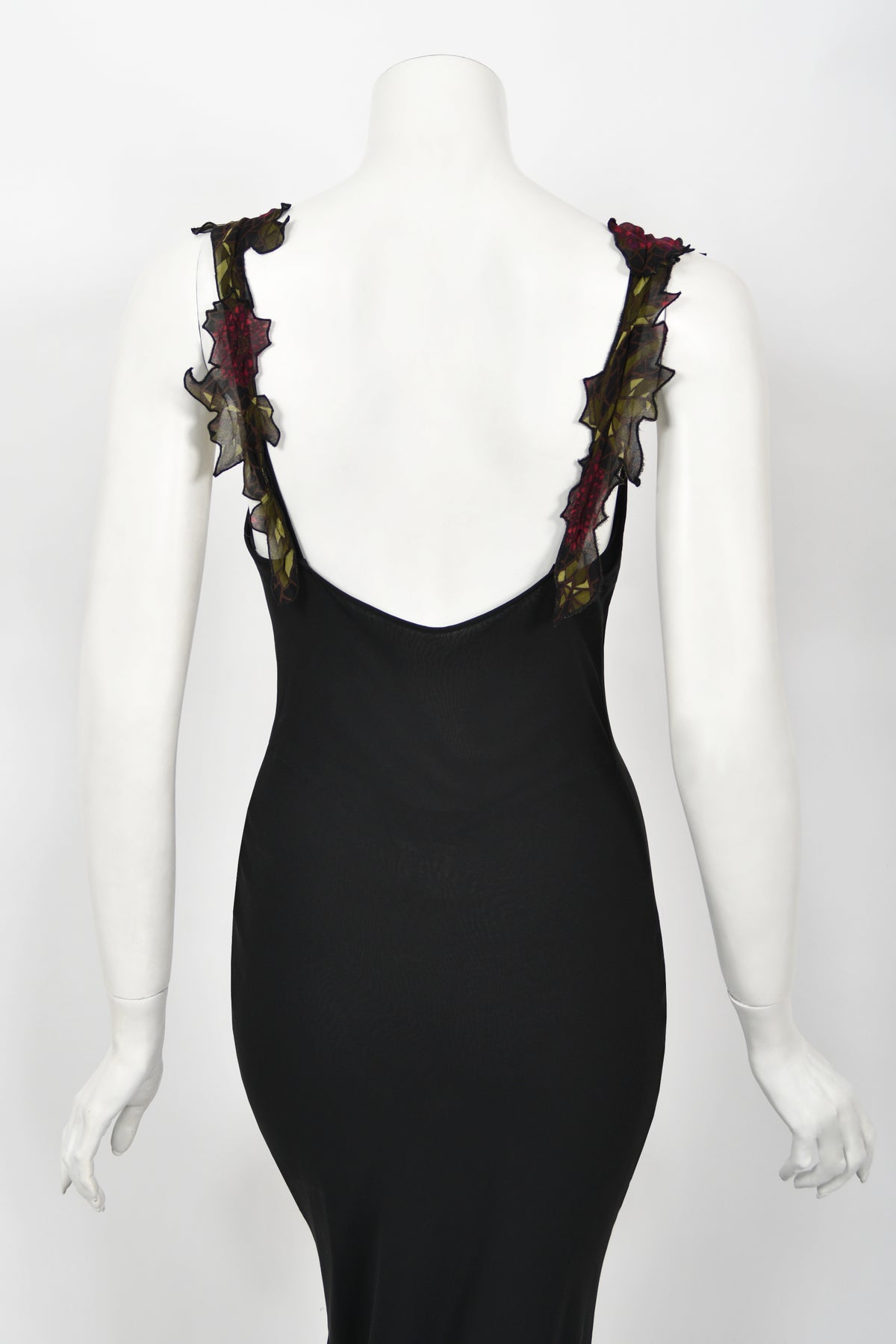 2001 John Galliano Red Chrysanthemum Floral Appliqué Black Silk Chiffon Bias-Cut Gown