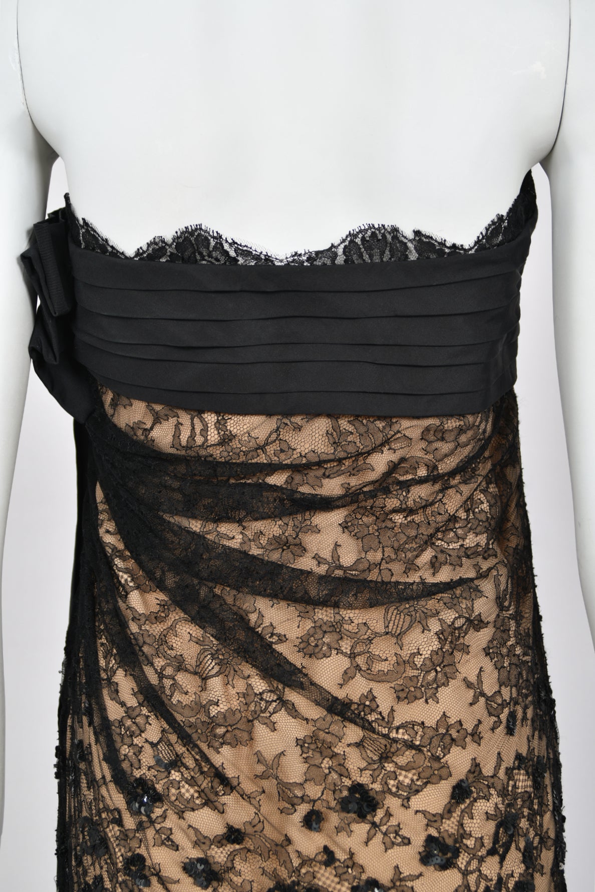 2009 Valentino Black Silk &amp; Beaded Sheer Illusion Lace Strapless Bustier Gown
