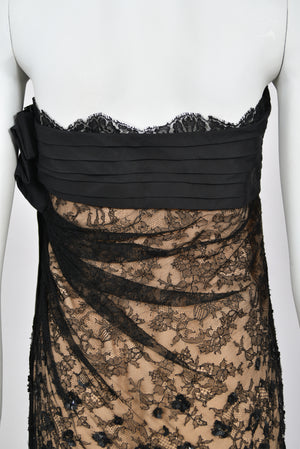 2009 Valentino Black Silk & Beaded Sheer Illusion Lace Strapless Bustier Gown