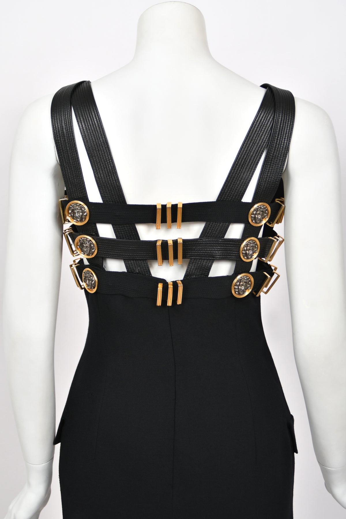 1992 Gianni Versace 'Miss S&M' Runway Collection Black Leather Bondage Wool Dress