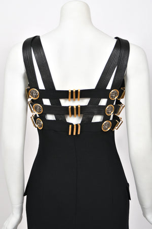 1992 Gianni Versace 'Miss S&M' Runway Collection Black Leather Bondage Wool Dress