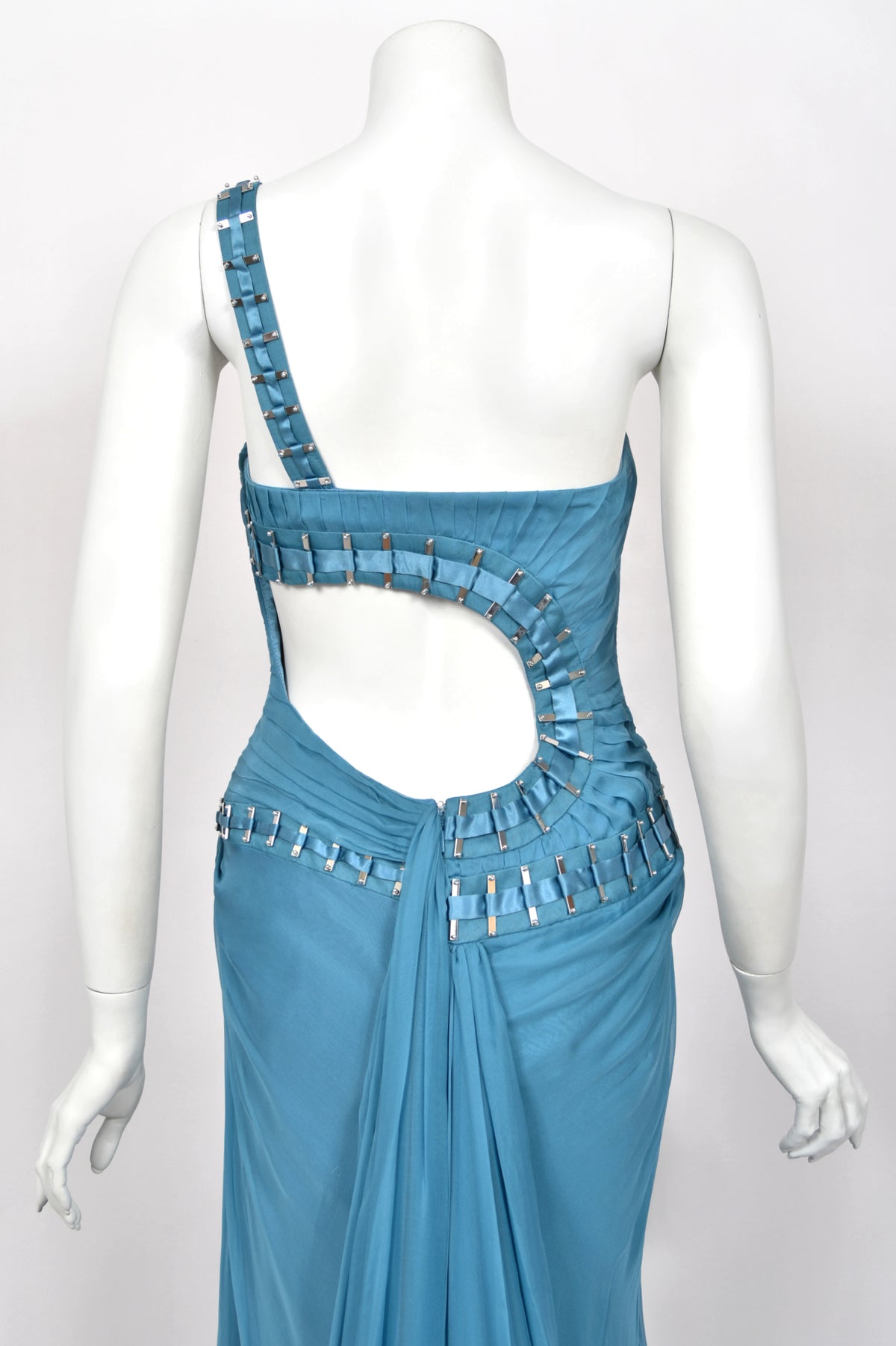 2009 Versace Runway Embellished Blue Silk Chiffon One-Shoulder High Low Gown