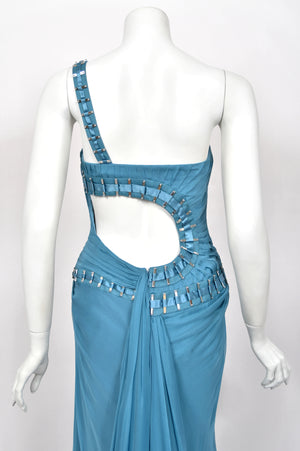 2009 Versace Runway Embellished Blue Silk Chiffon One-Shoulder High Low Gown