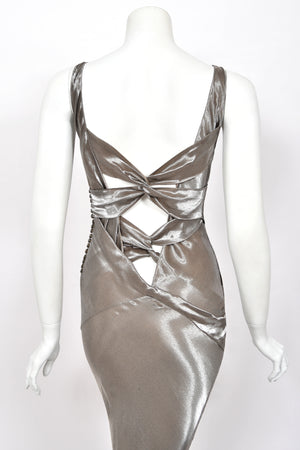 2004 Christian Dior by John Galliano Rare Sample Metallic Silk Lamé Bias-Cut High Slit Gown