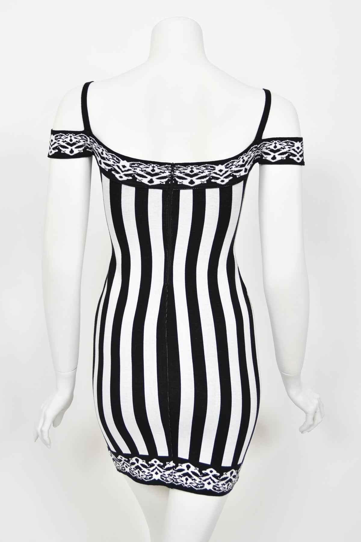 1992 Azzedine Alaia Runway Striped Stretch Knit Cold-Shoulder Bodycon Mini Dress