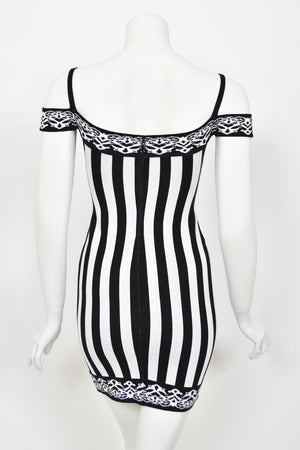 1992 Azzedine Alaia Runway Striped Stretch Knit Cold-Shoulder Bodycon Mini Dress