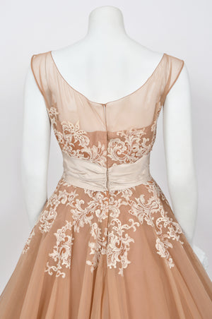 1950's Peggy Hunt Ivory Silk Appliquéd French Lace Nude-Illusion Full Skirt Dress