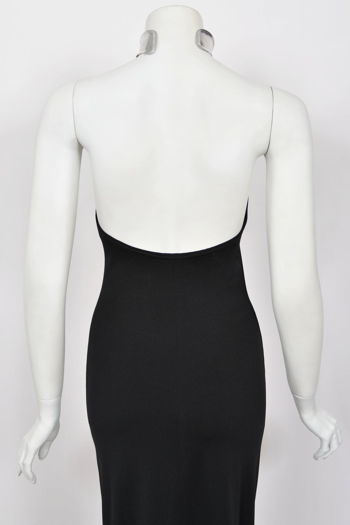 1975 Rudi Gernreich Documented Metal-Collar Black Jersey High-Slit Maxi Dress