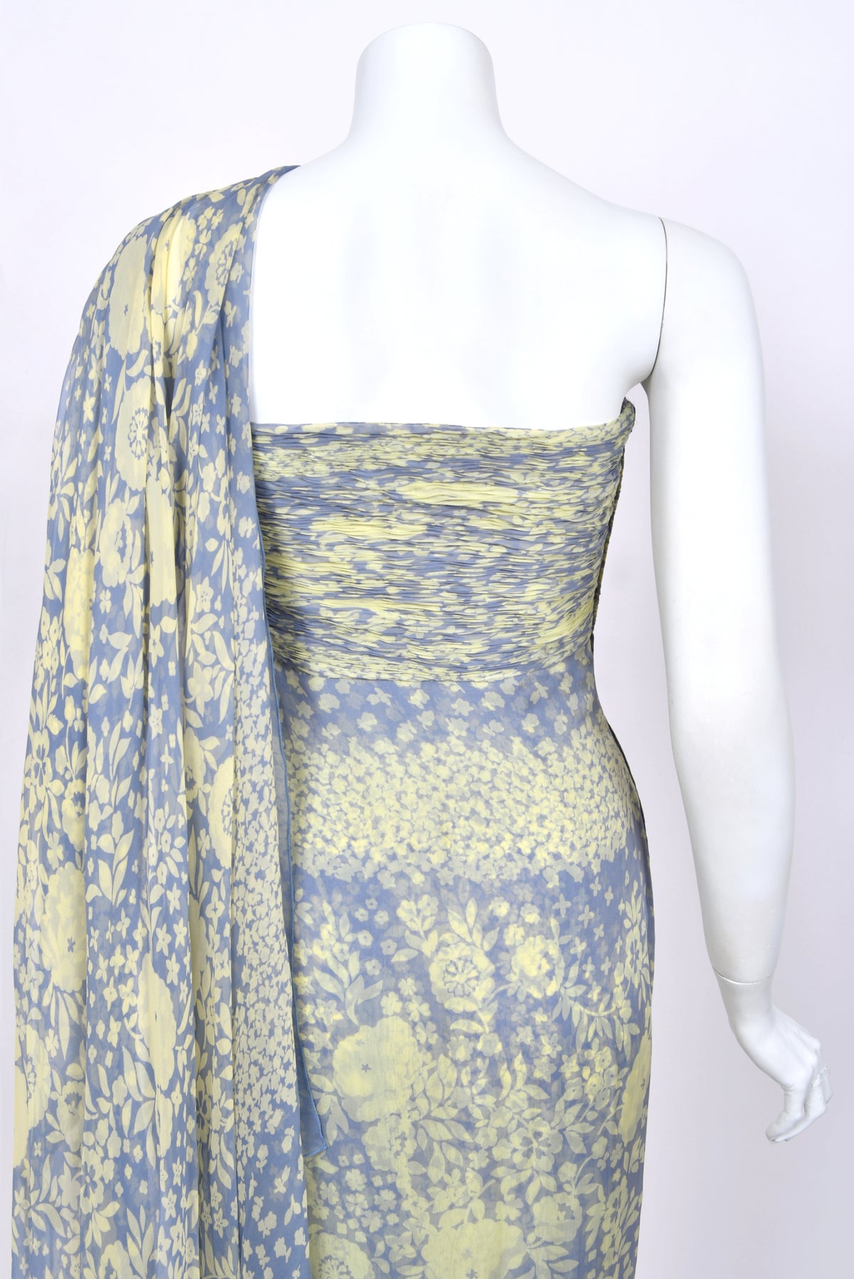 1995 Valentino Runway Periwinkle & Yellow Floral Print Silk Ruched Strapless Draped Gown