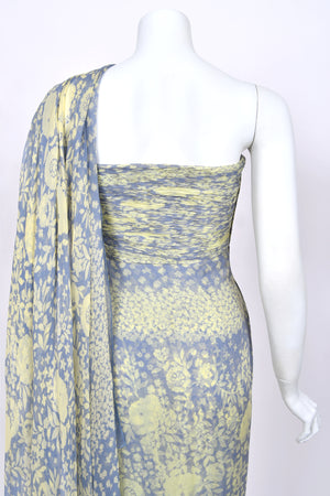 1995 Valentino Runway Periwinkle & Yellow Floral Print Silk Ruched Strapless Draped Gown