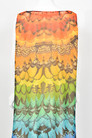 2008 Alexander McQueen Documented Rainbow Butterfly Print Silk Belted Cape Dress