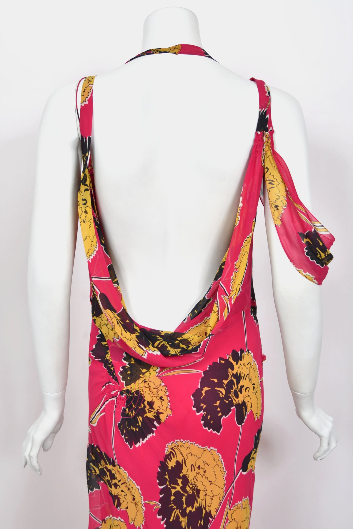 2005 John Galliano 'Renee Collection' Shocking Pink Large Scale Floral Silk Bias-Cut Trained Gown