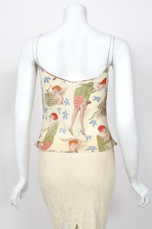 2004 John Galliano 'Cherubs & Flappers' Whimsical Print Silk Camisole & Cashmere Knit Bias-Cut Skirt Set