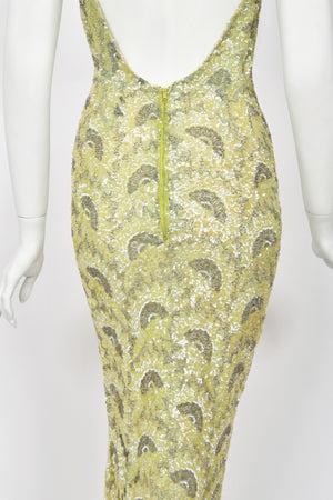 1950's Jacqueline Paris Couture Chartreuse Fully-Beaded Backless Hourglass Gown