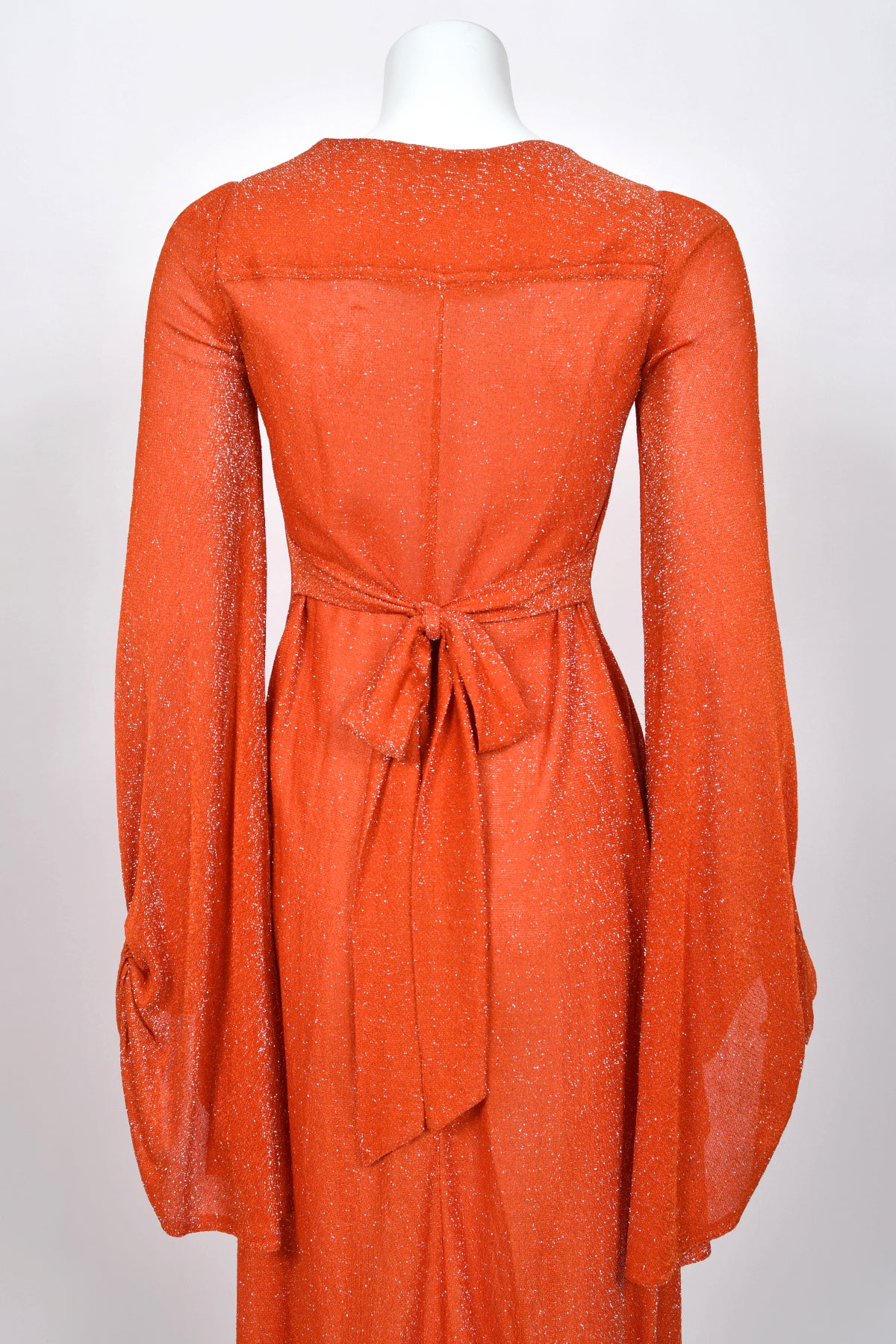 1974 Biba by Barbara Hulanicki Metallic Orange Lurex Angel-Sleeve High Slit Maxi Dress