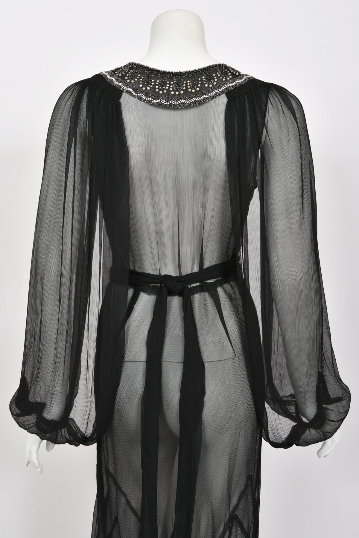 1930&#39;s Beaded Rhinestone Black Sheer Silk Chiffon Billow-Sleeve Deco Dress