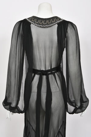 1930's Beaded Rhinestone Black Sheer Silk Chiffon Billow-Sleeve Deco Dress