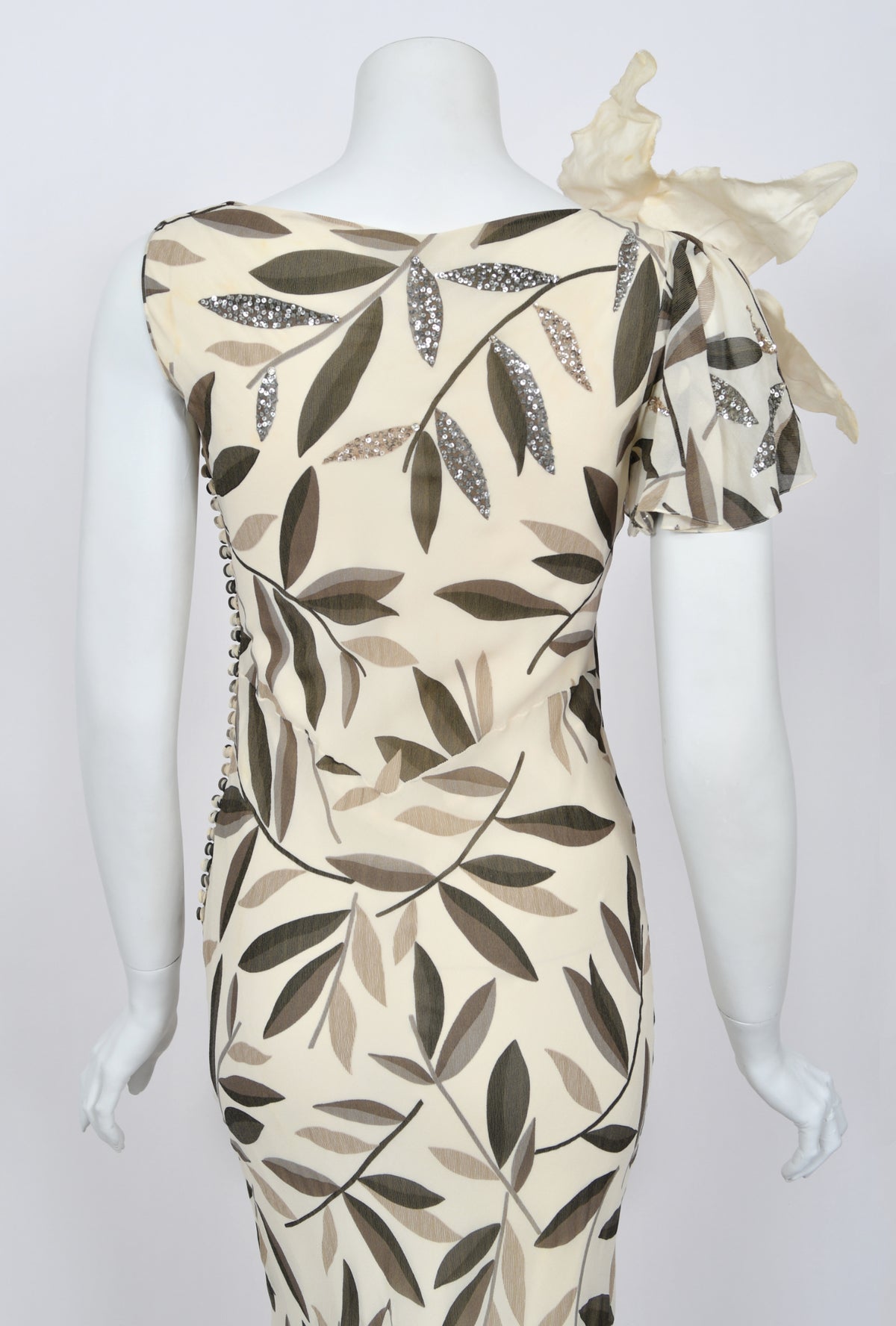 2008 Christian Dior by John Galliano Leaf Motif Sequin Silk Appliqué Bias-Cut Dress