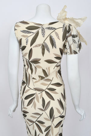 2008 Christian Dior by John Galliano Leaf Motif Sequin Silk Appliqué Bias-Cut Dress