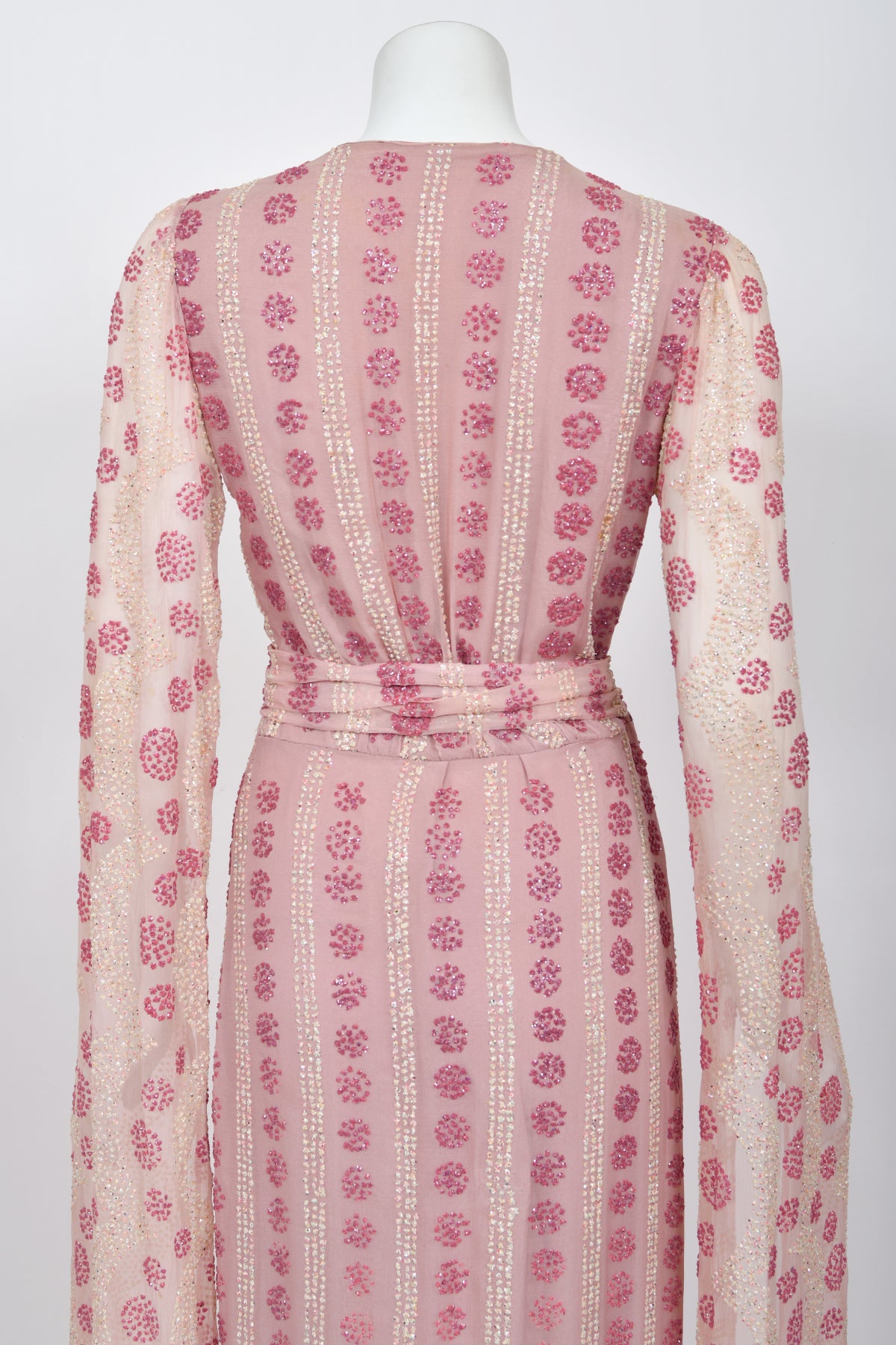 1974 Thea Porter Couture Sparkling Pink Glitter Silk Angel Sleeve Wrap Gown