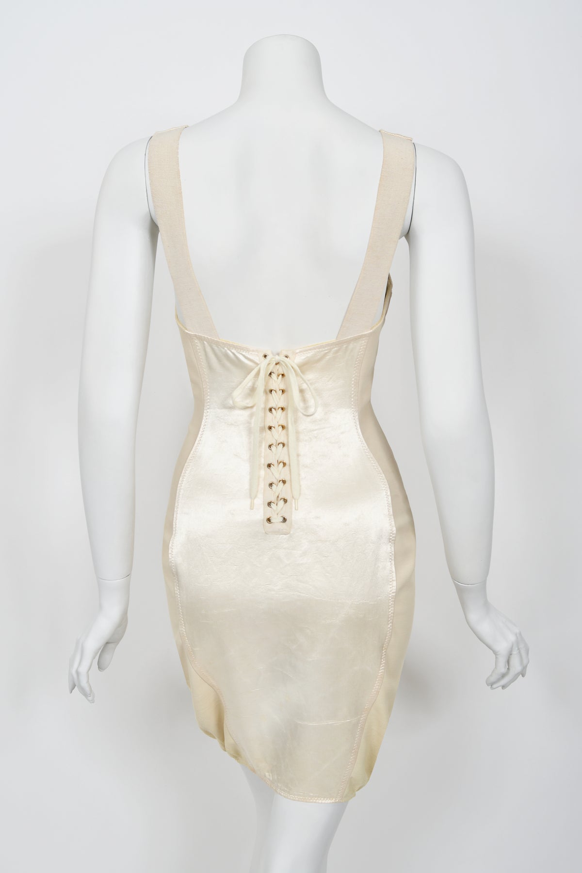 1988 Jean Paul Gaultier Cream Stretch Satin Cone Bra Bustier Corset Mini Dress