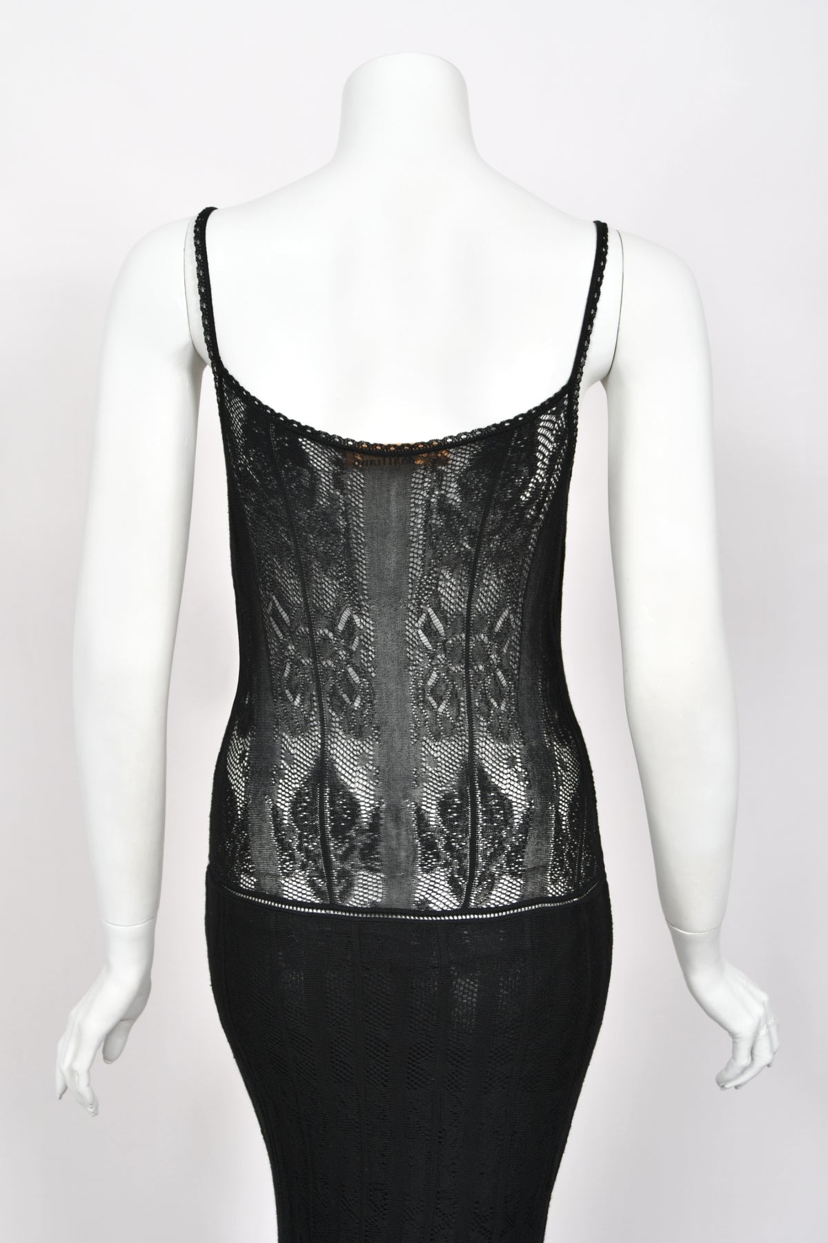 2003 John Galliano Embroidered Floral Sheer Black Pointelle Stretch Knit Bias-Cut Gown