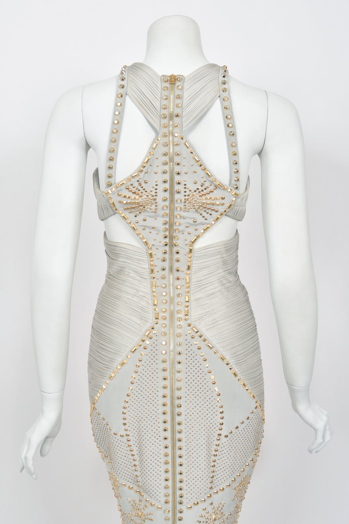 2012 Versace Runway Gold Studded Pale Dove Gray Silk Jersey Hourglass Gown