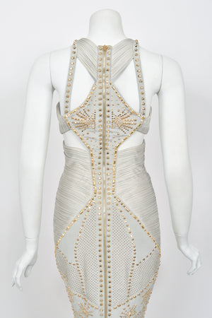 2012 Versace Runway Gold Studded Pale Dove Gray Silk Jersey Hourglass Gown