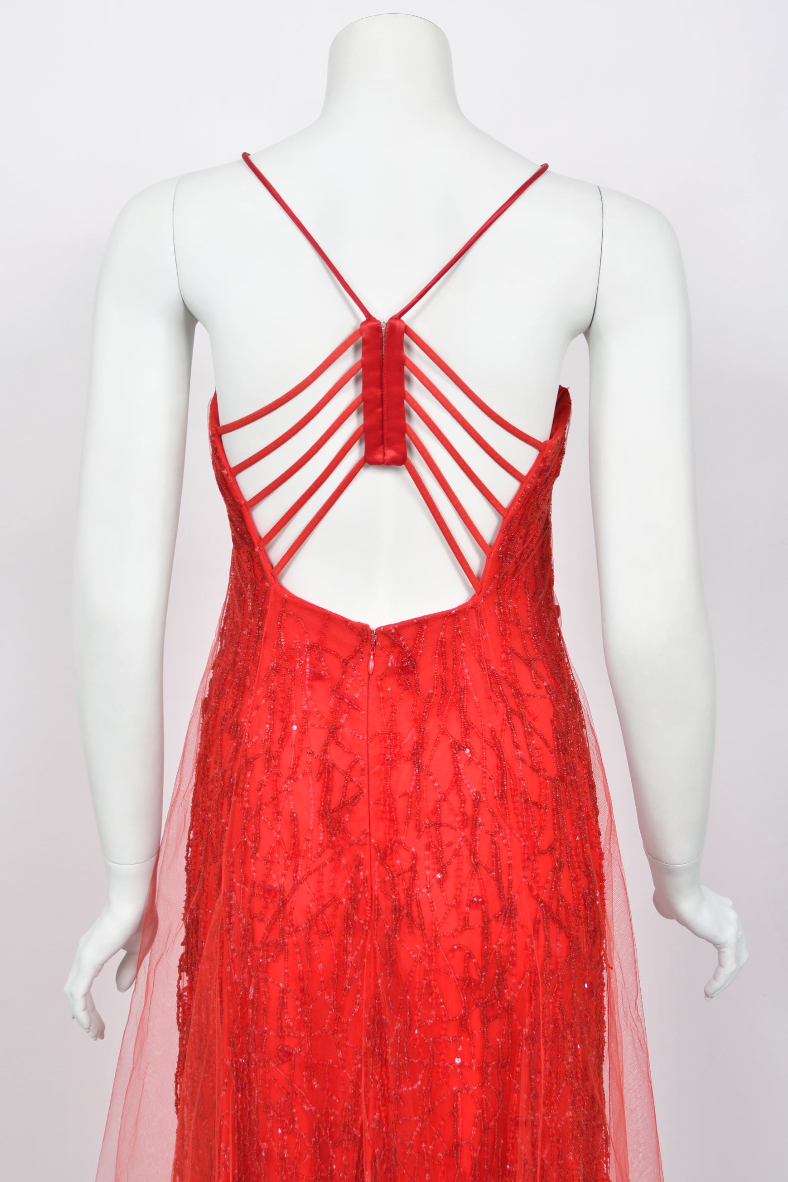 2001 Giorgio Armani Fully Beaded Ruby Red Silk Tulle Finale Gown - Timeless Vixen 2001 Giorgio Armani Fully Beaded Ruby Red Silk Tulle Finale Gown - Timeless Vixen