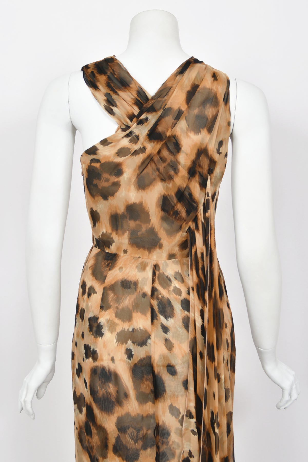 1996 Valentino Runway Editorial Leopard Print Sheer Silk Draped-Sash Gown