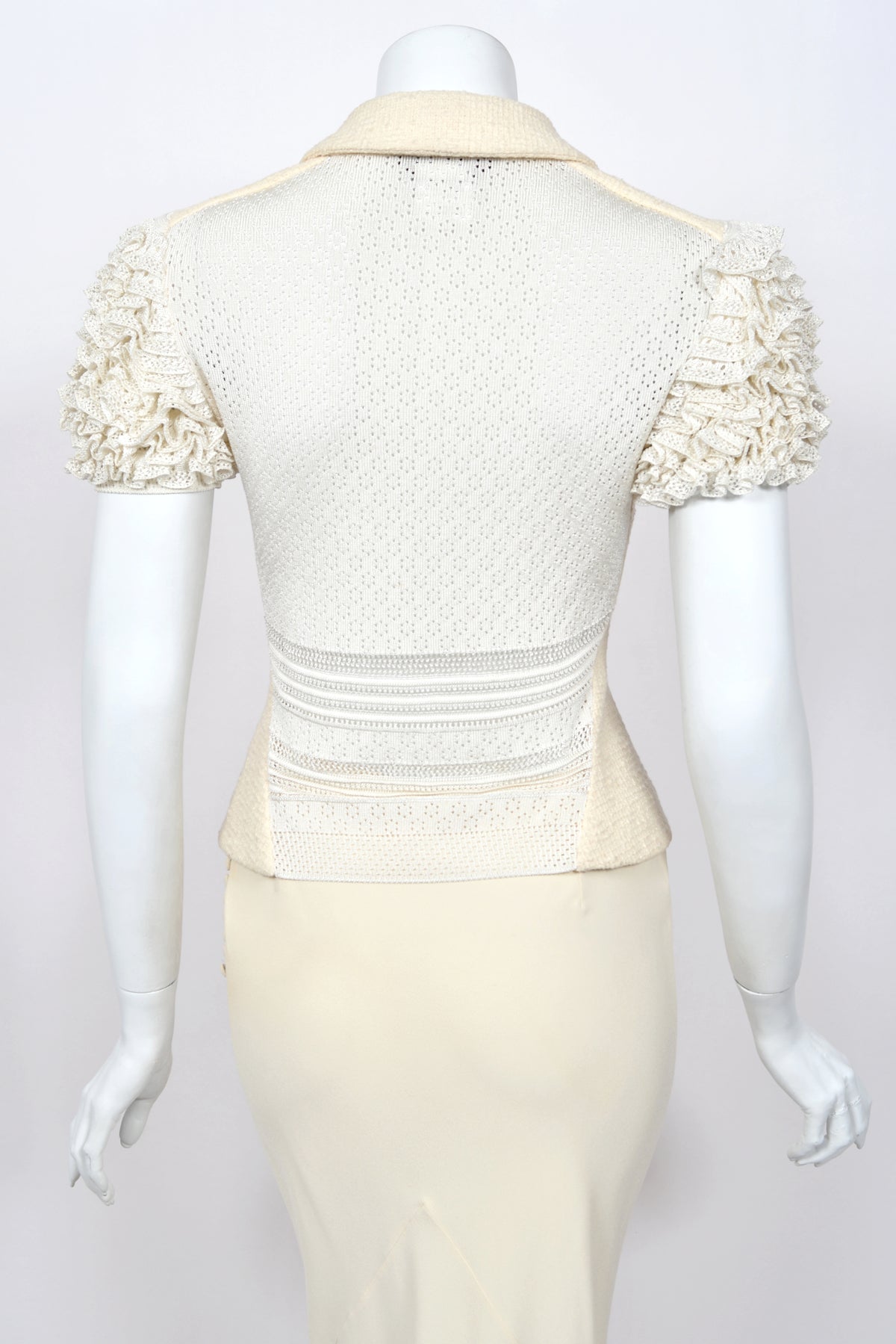 1998 John Galliano ‘Haute Bohème’ Collection Ivory Knit Ruffle Sleeve Jacket &amp; Bias-Cut Skirt Set w/Tags
