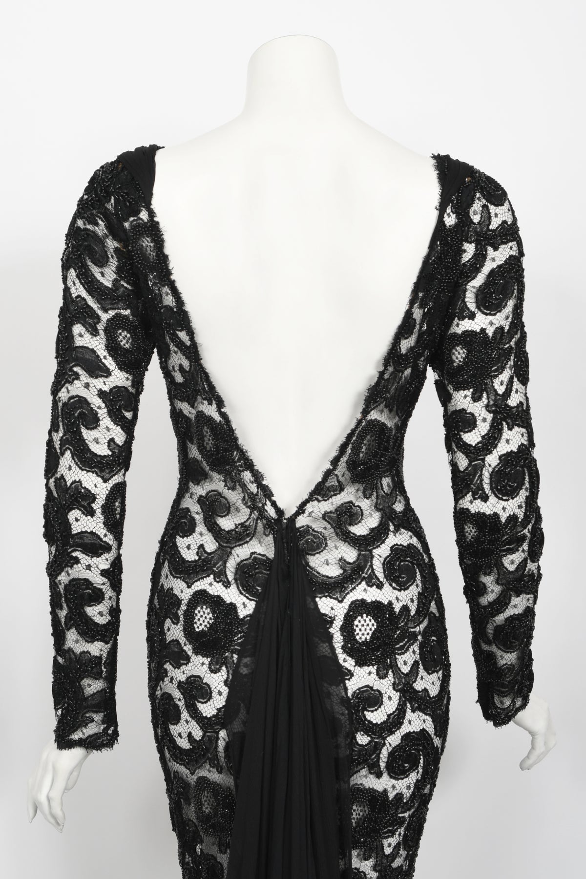 1998 Hanae Mori Haute Couture Beaded Sheer Lace &amp; Chiffon Hourglass Gown