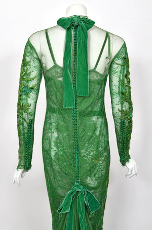 2011 Tom Ford Emerald Green Embroidered Sheer Tulle Lace Velvet-Bra Trained Editorial Gown