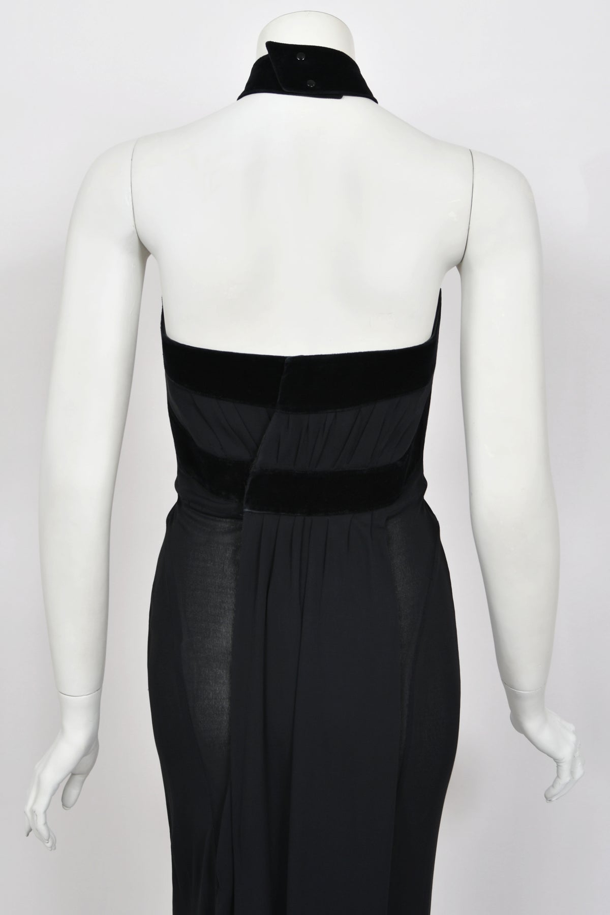 1998 Thierry Mugler Runway Black Silk-Jersey &amp; Velvet Bustier Cut-Out Halter Gown