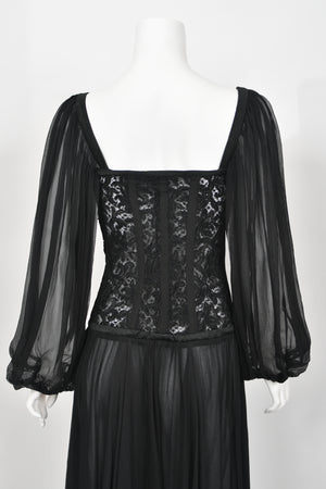 1988 Yves Saint Laurent Documented Black Sheer Silk & Boned Lace Bustier Dress