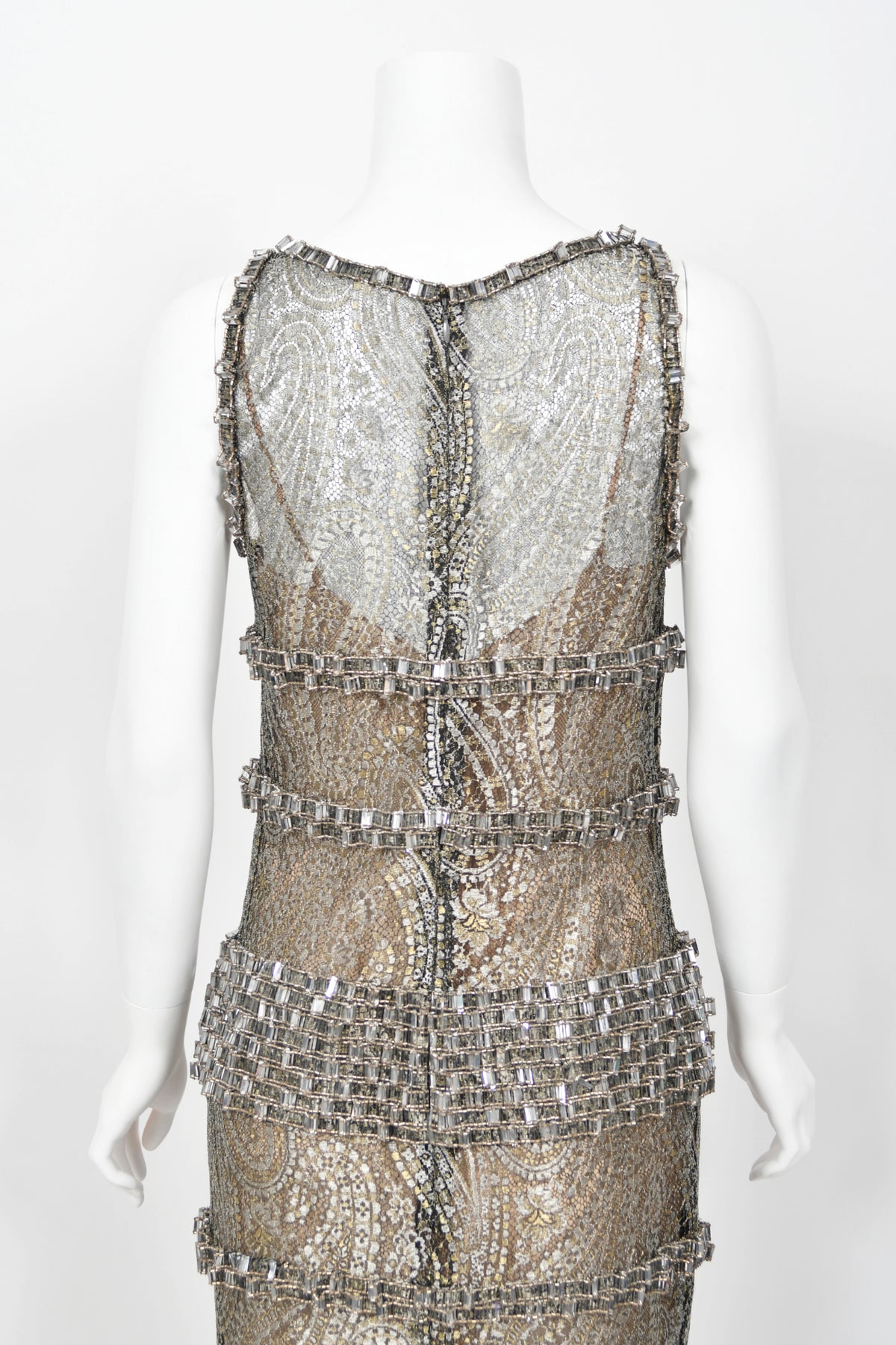 2012 Chanel by Karl Lagerfeld Runway Crystal Beaded Sheer Silver &amp; Gold Lace Dress