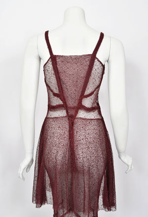 1930's French Sheer Burgundy Lace Tiered Bias-Cut Gown & Matching Capelet