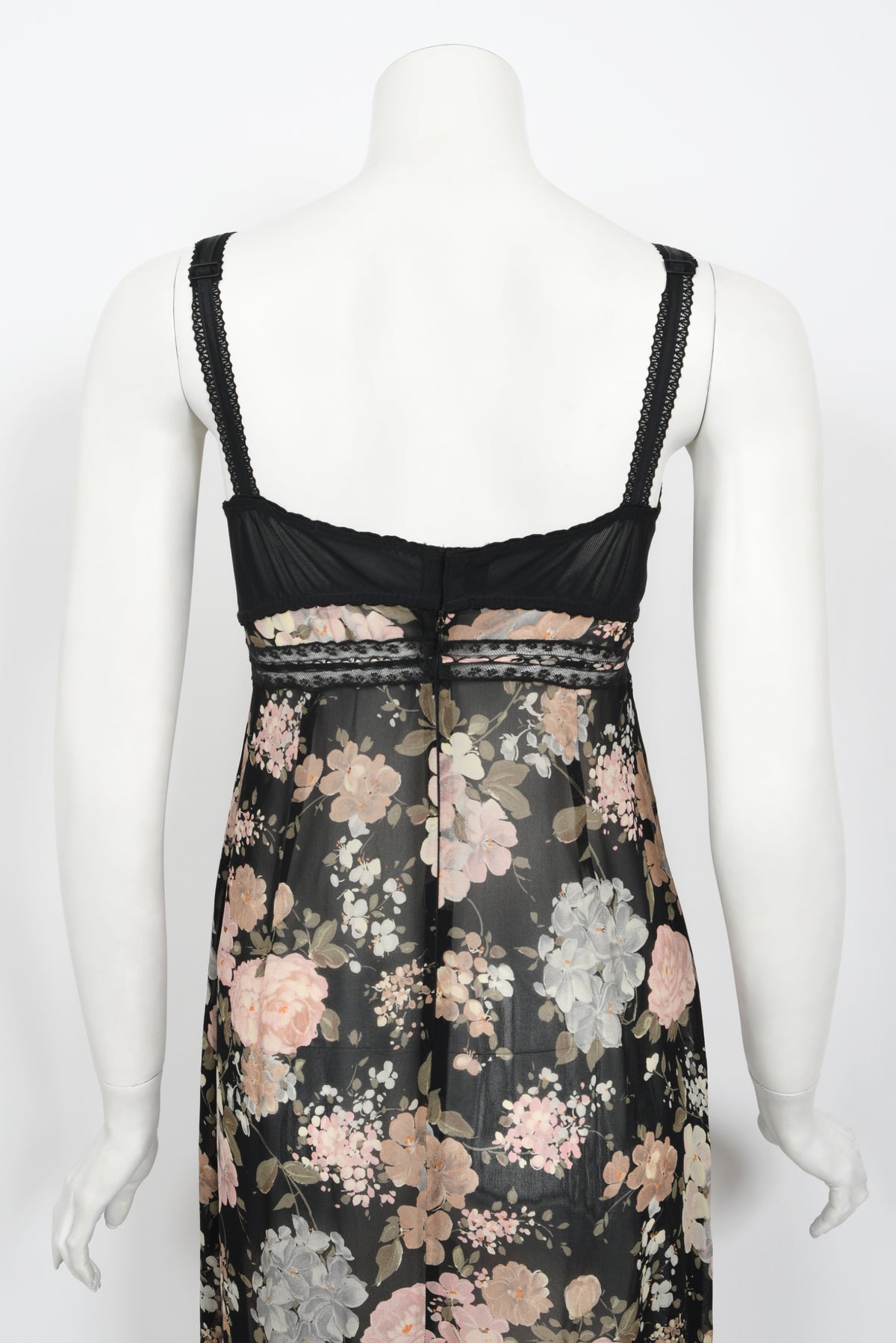 1997 Dolce &amp; Gabbana Sheer Floral Chiffon &amp; Lace Built-In Bra Slip Dress