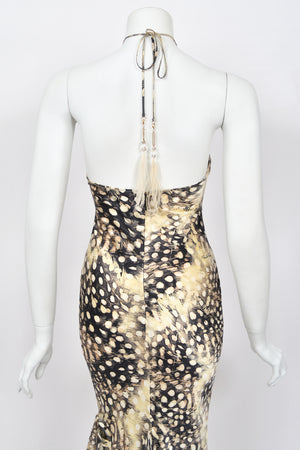 2004 Roberto Cavalli Feather Print Silk Halter Cut-Out Tiered Ruffle Bias-Cut Gown