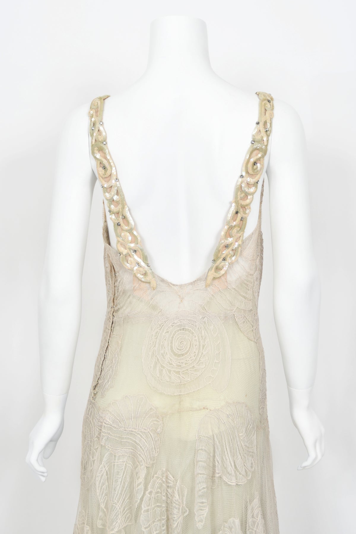 1932 Worth Couture for Elizabeth Arden Sequin Ivory Seashell Motif Lace Gown