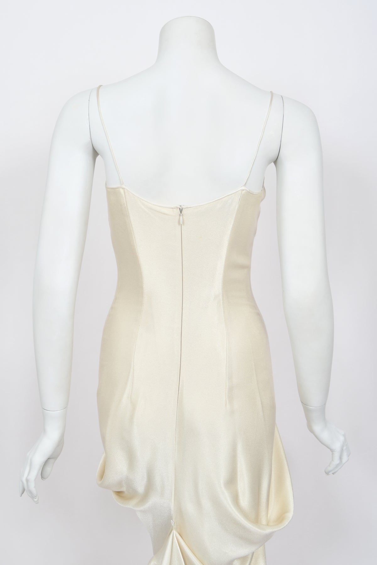 1999 John Galliano Ivory Satin Asymmetric Drape Hourglass Optional Trained Gown