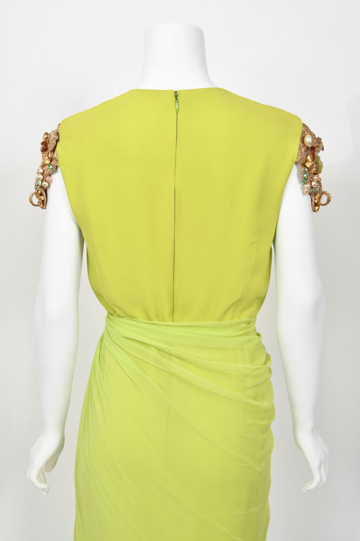 1991 Christian Dior by Gianfranco Ferré Chartreuse Silk Metallic Beaded Draped Dress