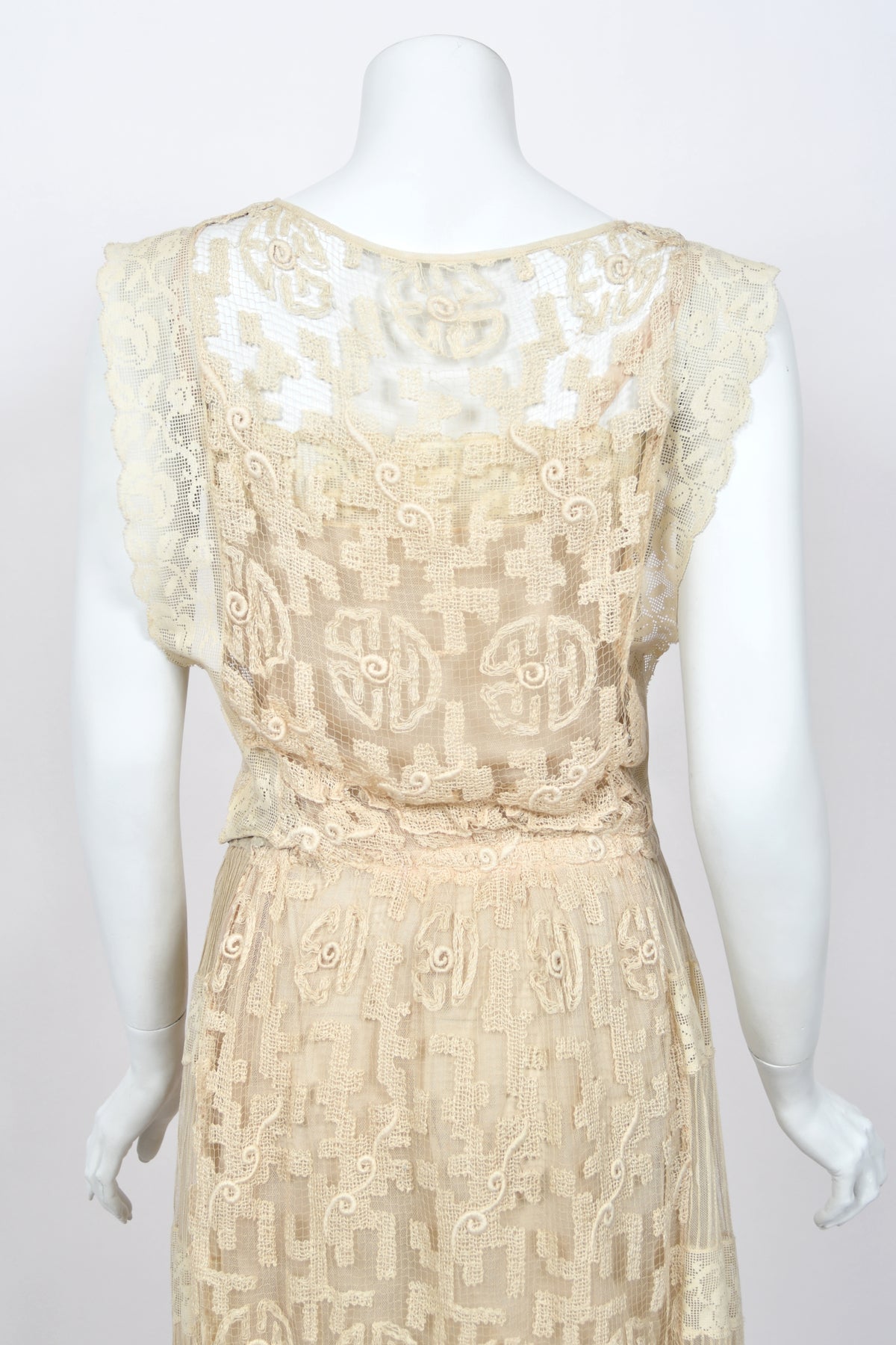 1920's French Cream Heavily Embroidered Deco Motif Filet Lace & Sheer Net Tea-Length Dress