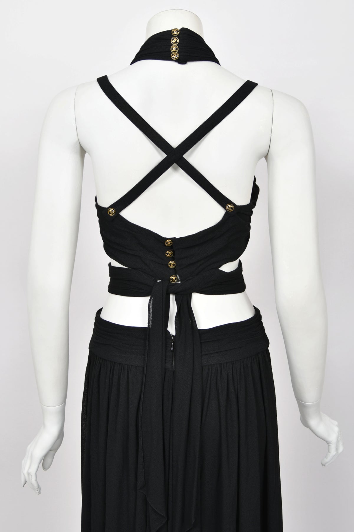 1995 Chanel by Karl Lagerfeld Iconic Runway Campaign Black Cut-Out High Slit Maxi Dress