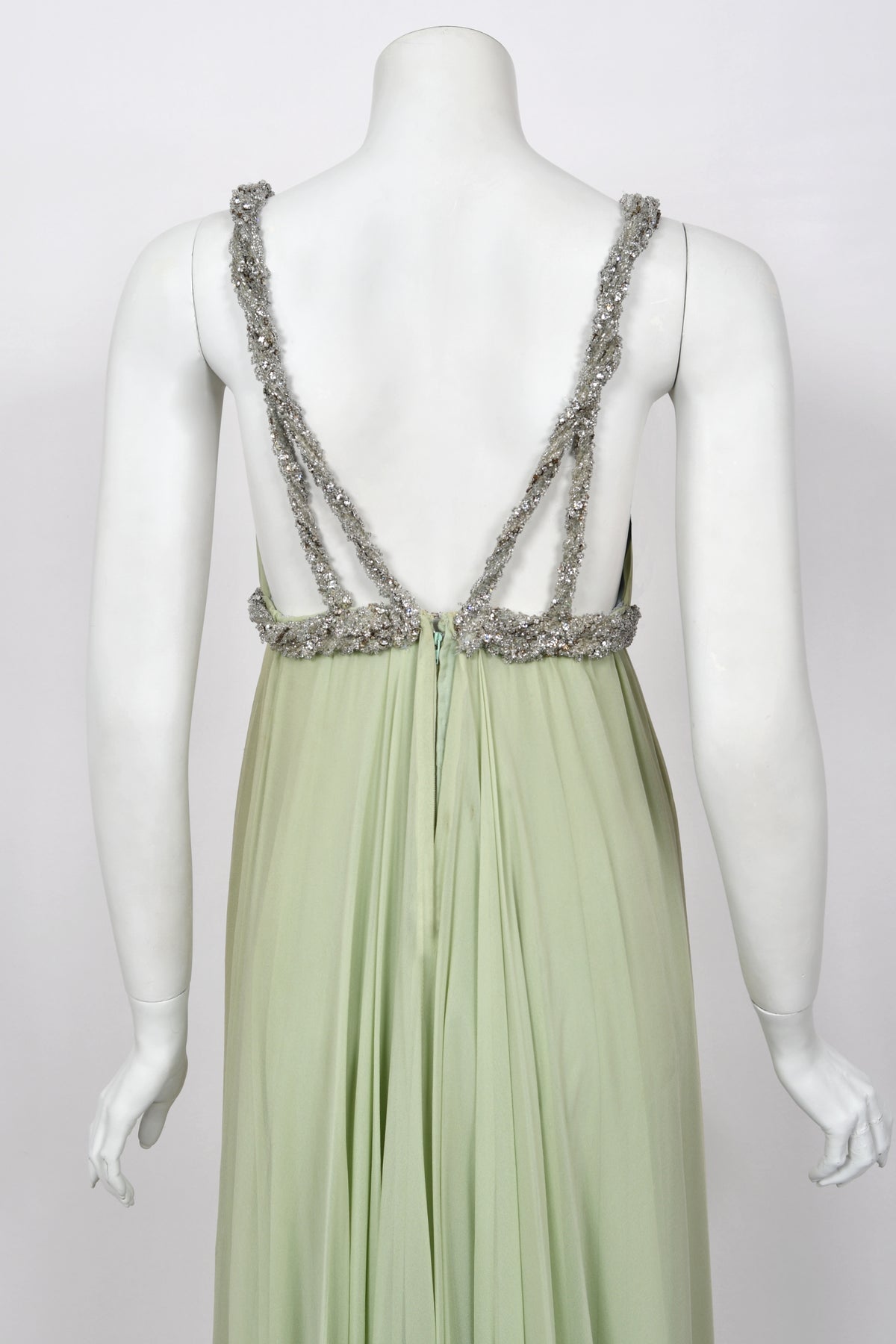 1965 Sarmi Couture Seafoam Green Jeweled Silk Chiffon Empire Plunge Grecian Gown