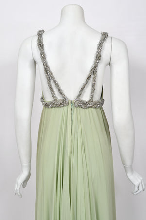 1965 Sarmi Couture Seafoam Green Jeweled Silk Chiffon Empire Plunge Grecian Gown