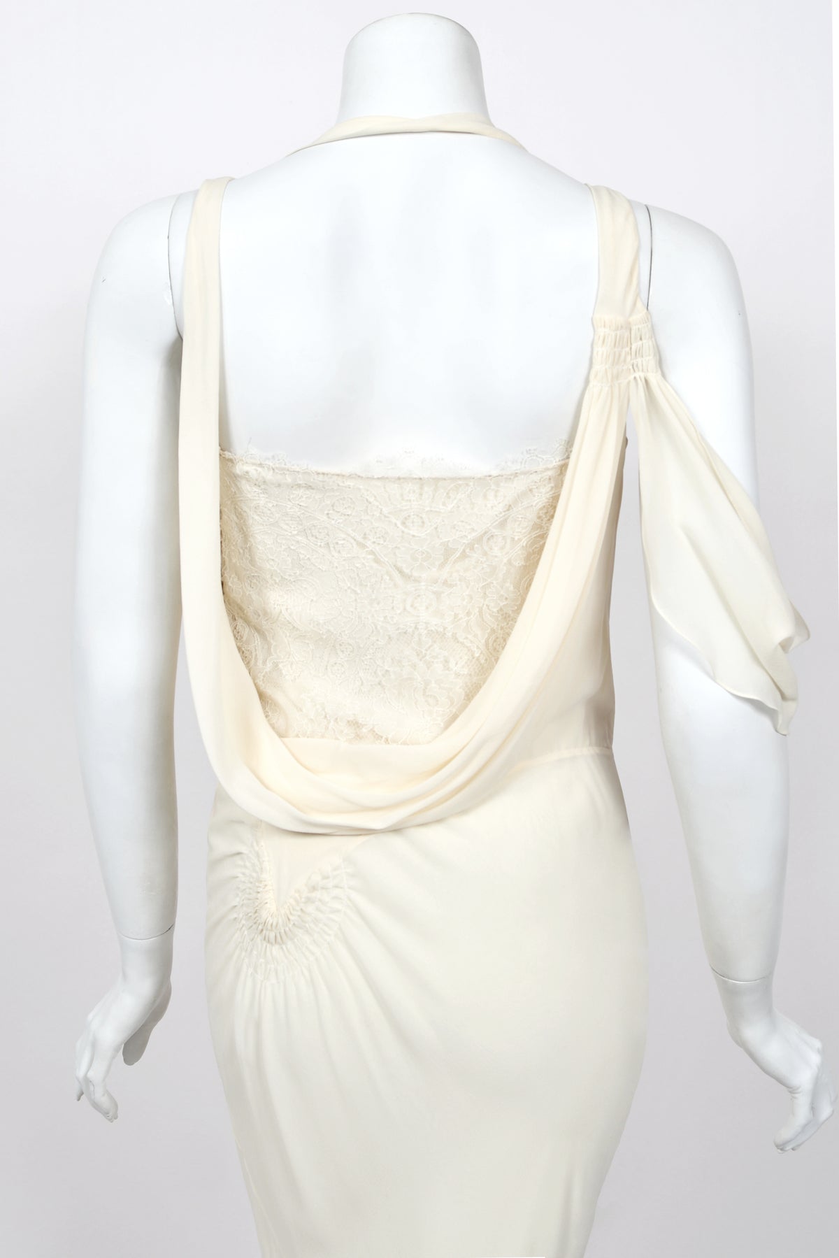 2005 John Galliano Ivory Sheer Silk Chiffon &amp; Chantilly Lace Draped Halter Bias-Cut Gown