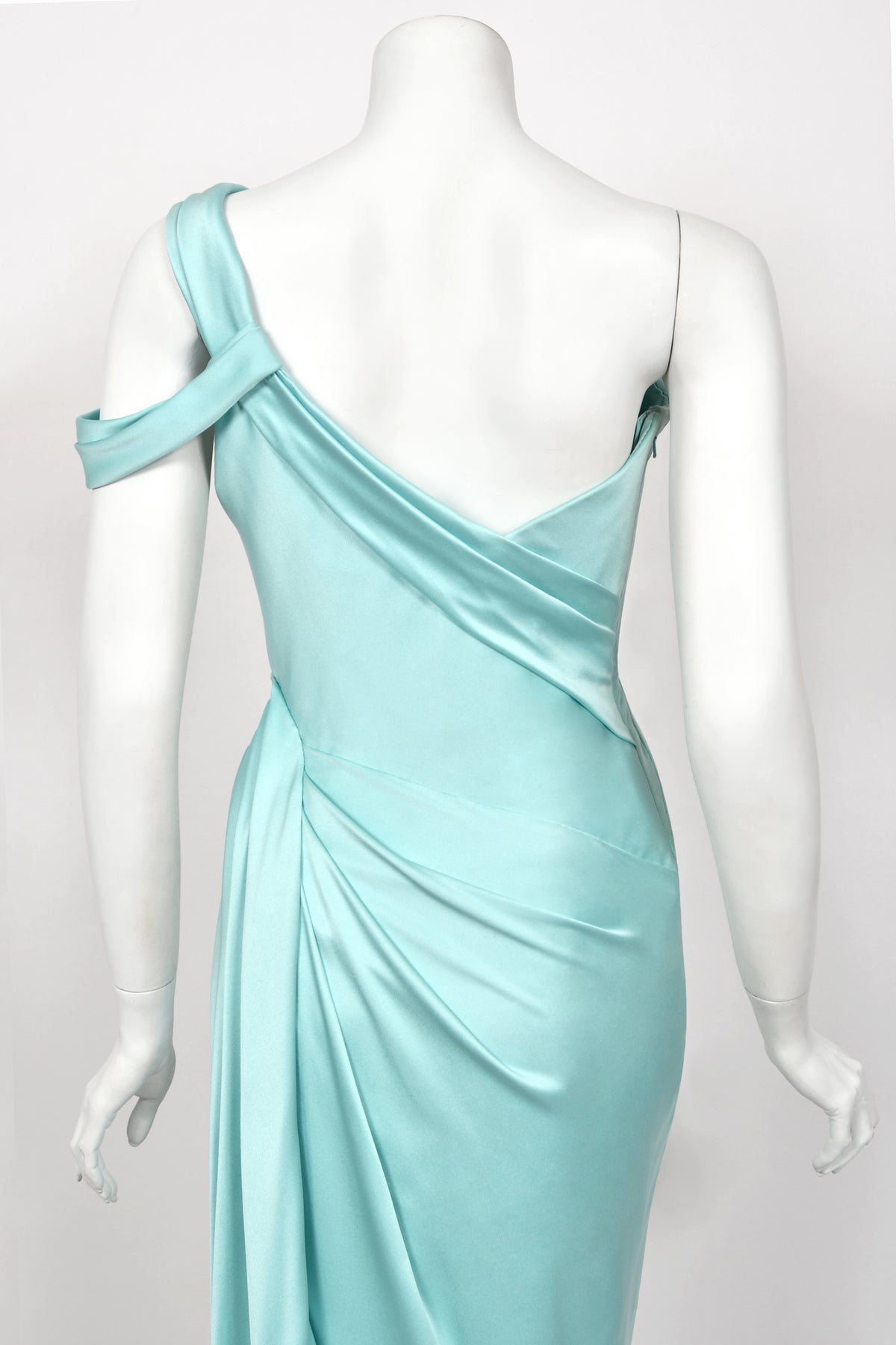 2017 Ralph & Russo Haute Couture Runway Aqua Blue Satin Cut-Out Draped High Slit Gown